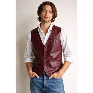 Vintage 80s Burgundy Leather Vest 36 S Slim Wine Red Button Front